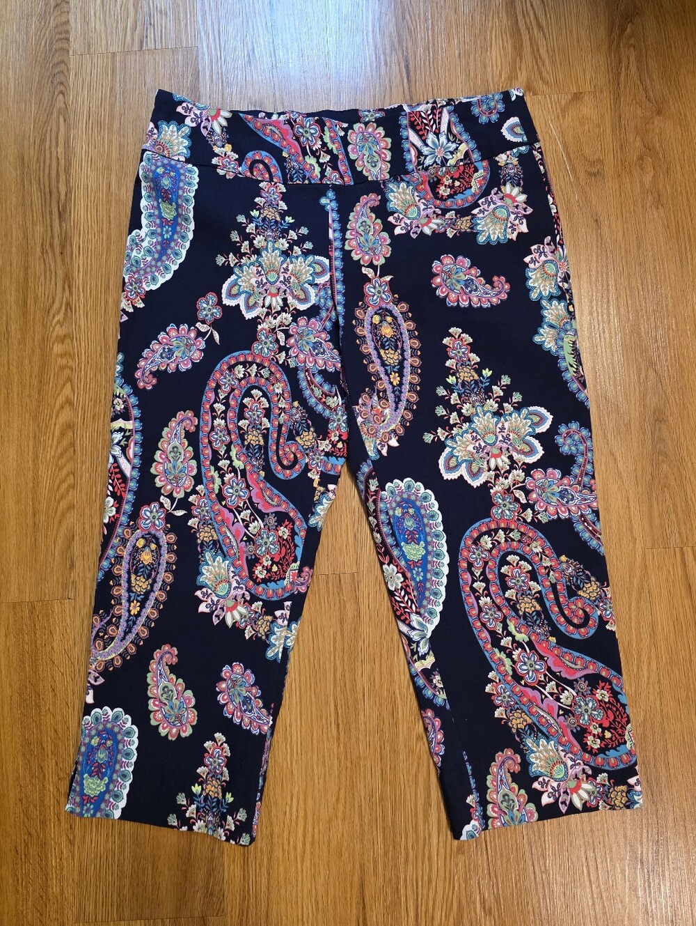 Zac & Rachel Paisley Capri Pants Navy Blue Straight Leg Pull On Stretch Size 12